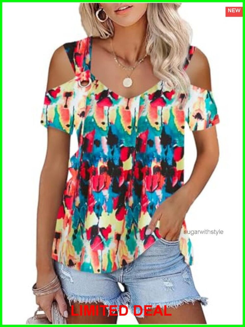Cotton Blend Cold Shoulder O Ring Short Sleeve Tee Casual Loose Fit Top